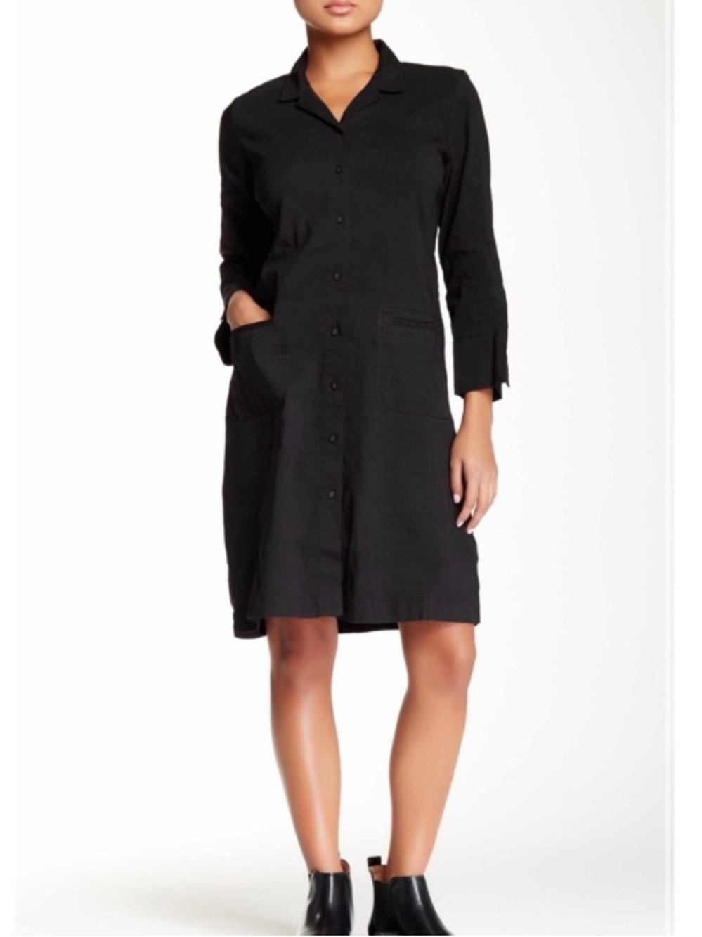 EILEEN FISHER Stretch Linen Blend Classic Collar Shirt Dress in Black